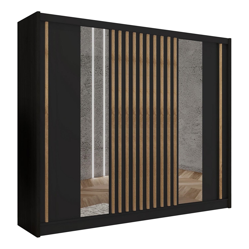 Ormar s ogledalom SANTINO 250x215 cm crni/hrast craft