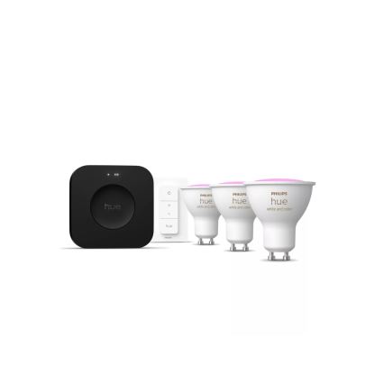 Početni paket Philips Hue WHITE AND COLOR AMBIANCE 3xGU10/4,2W 2000-6500K + Hue bridge i dimmer prekidač