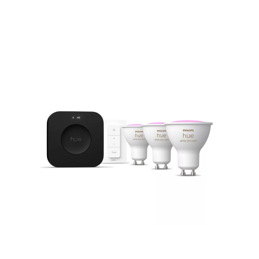 Početni paket Philips Hue WHITE AND COLOR AMBIANCE 3xGU10/4,2W 2000-6500K + Hue bridge i dimmer prekidač