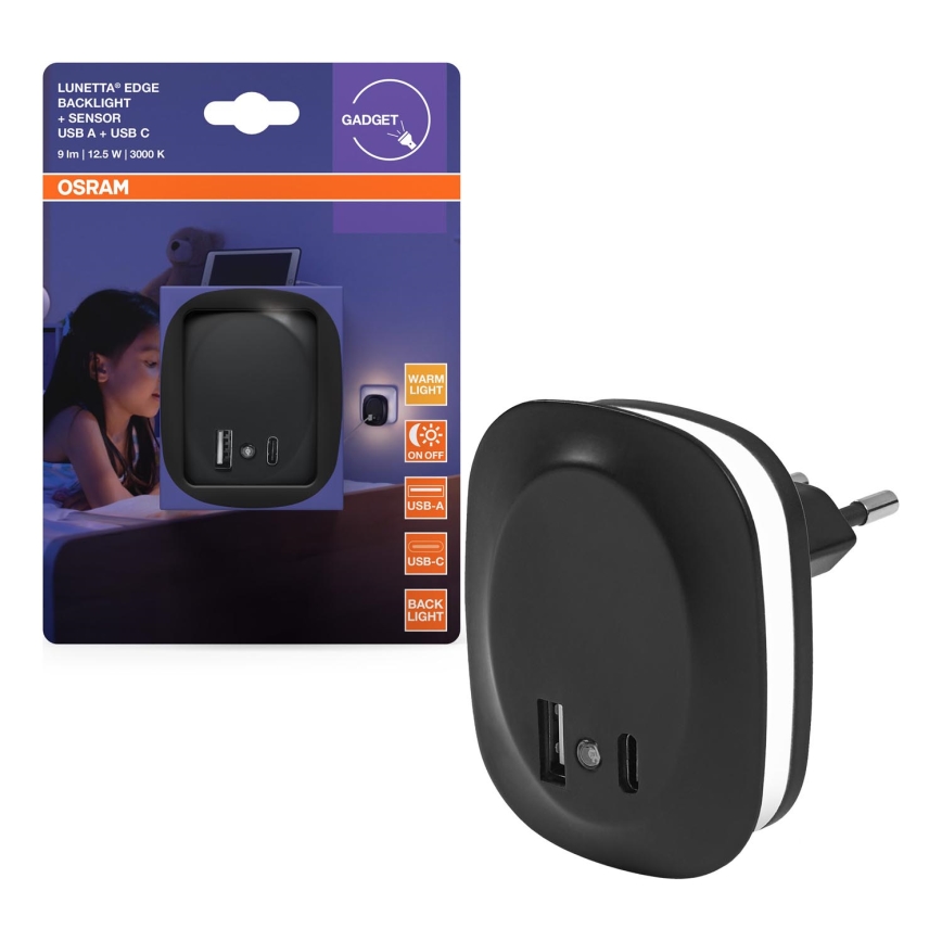 Osram - LED noćno svjetlo za utičnicu s senzorom i USB LUNETTA LED/12,5W/230V crna