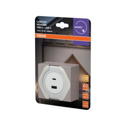 Osram - LED orijentacijsko svjetlo za utičnicu s USB-om LUNETTA LED/15W/230V bijela