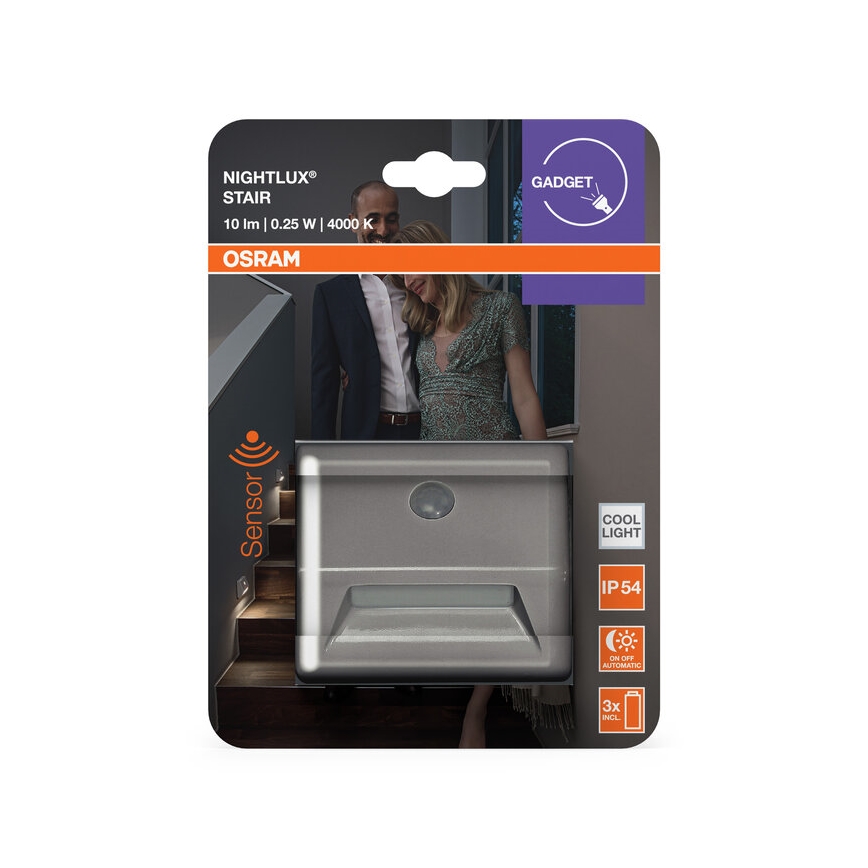 Osram - LED svjetlo za stepenice s senzorom NIGHTLUX LED/0,25W/3xAAA IP54 srebrna