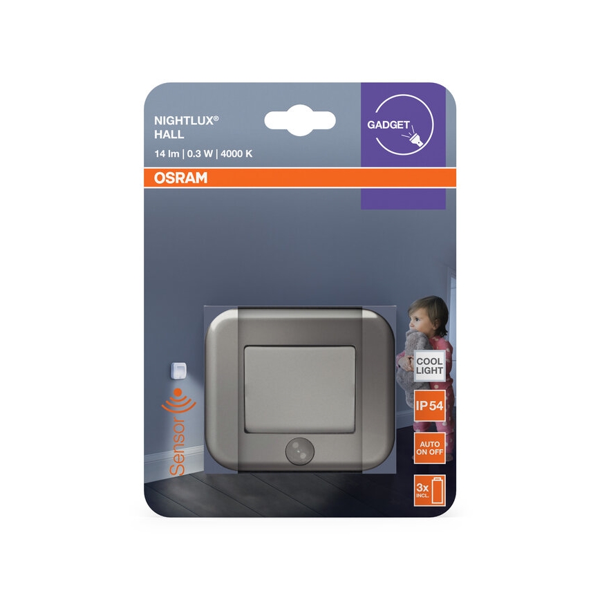 Osram - LED orijentacijska svjetiljka sa senzorom NIGHTLUX LED/0,3W/3xAAA IP54 srebrna