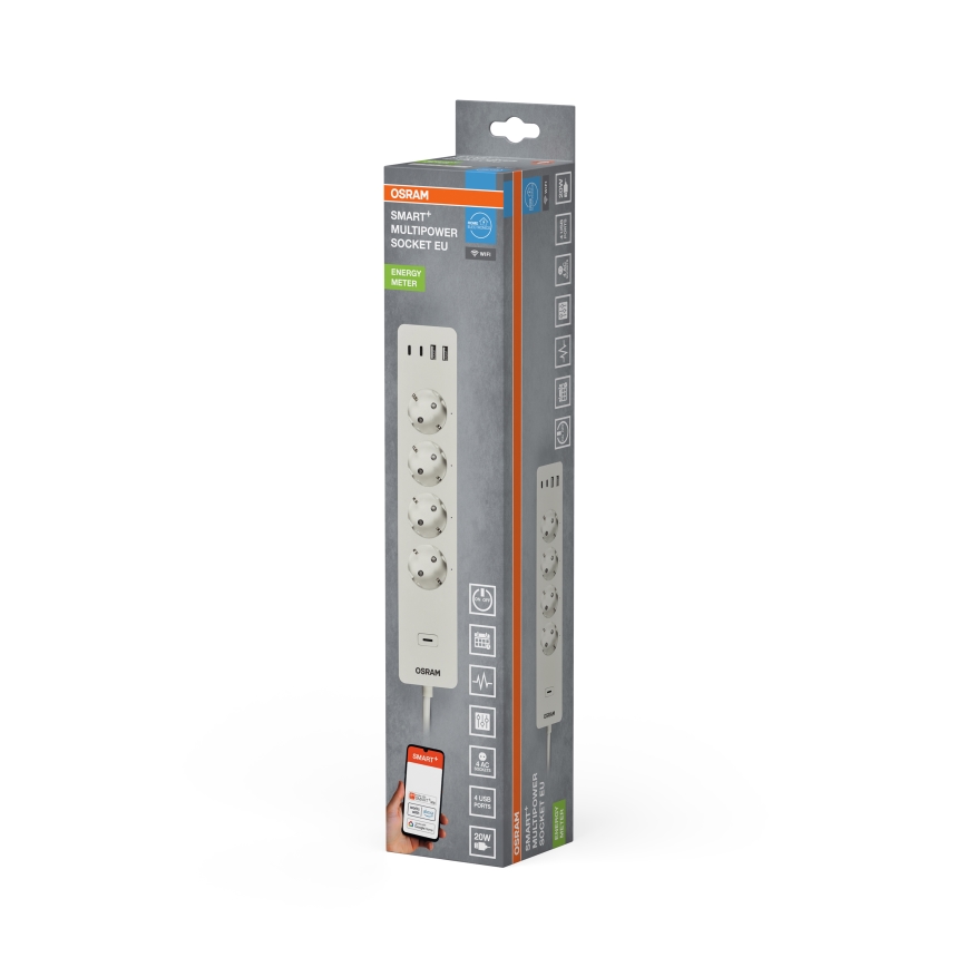 Osram - Produžni kabel SMART+ 4Z tip F + 2xUSB-A + 2xUSB-C Wi-Fi