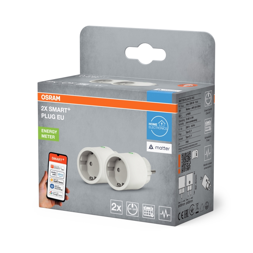 Osram - SET 2x pametne utičnice SMART+ MATTER SCHUKO 2300W/230V/10A Wi-Fi bijela