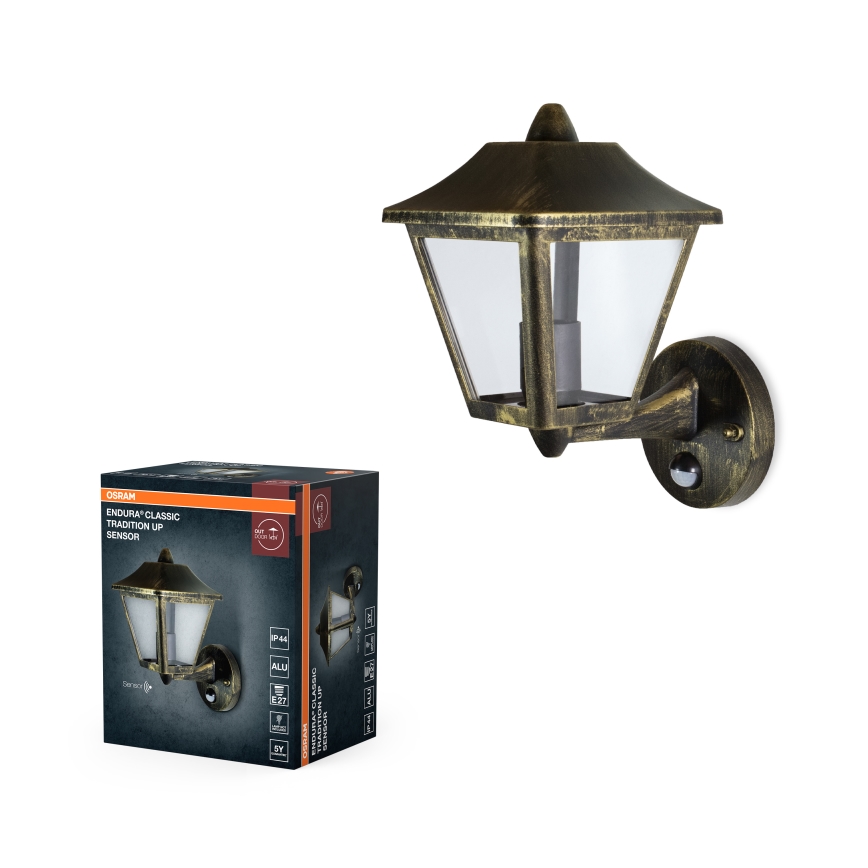 Osram - Vanjska zidna svjetiljka s senzorom TRADITION UP 1xE27/60W/230V IP44 patina/zlatna