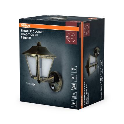 Osram - Vanjska zidna svjetiljka s senzorom TRADITION UP 1xE27/60W/230V IP44 patina/zlatna