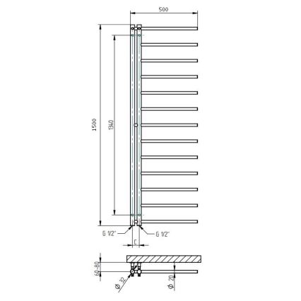 P.M.H. AP2C - Kupaonski ljestvasti radijator APOLLO 219W 150 cm desni/sjajni krom