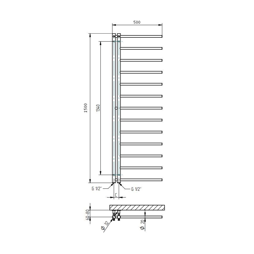 P.M.H. AP2C-L - Kupaonski ljestvasti radijator APOLLO 219W 150 cm lijevi/sjajni krom