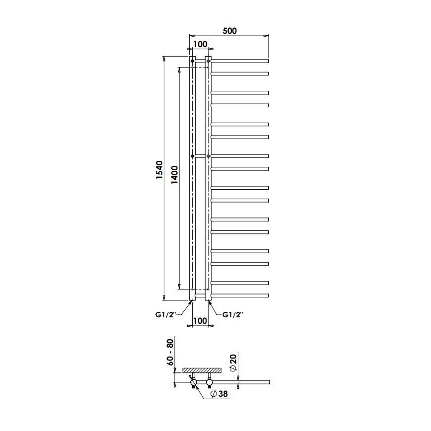 P.M.H. T2B-L - Kupaonski ljestvičasti radijator THEIA 352W 154 cm lijevi/crni