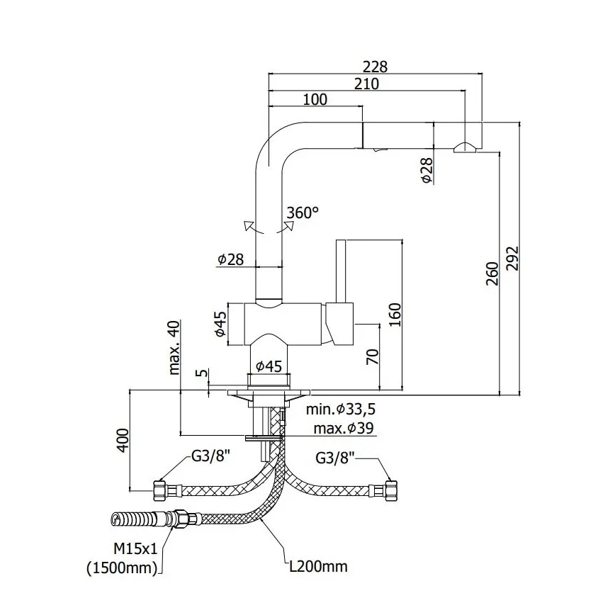 Paffoni - Kuhinjska slavina za sudoper s izvlačivim tušem LIGHT 29,2 cm crna