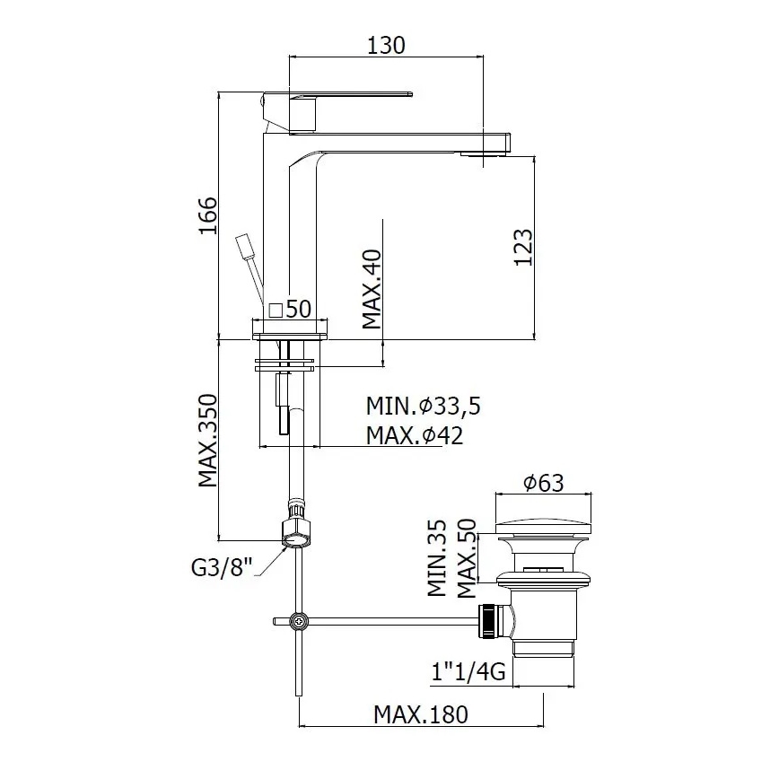 Paffoni - Slavina za umivaonik + ispust TANGO inox