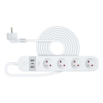 Pametni produžni kabel s prekidačem 4U Tip E + 2x USB-A + 1x USB-C 1,5m Wi-Fi Tuya bijela
