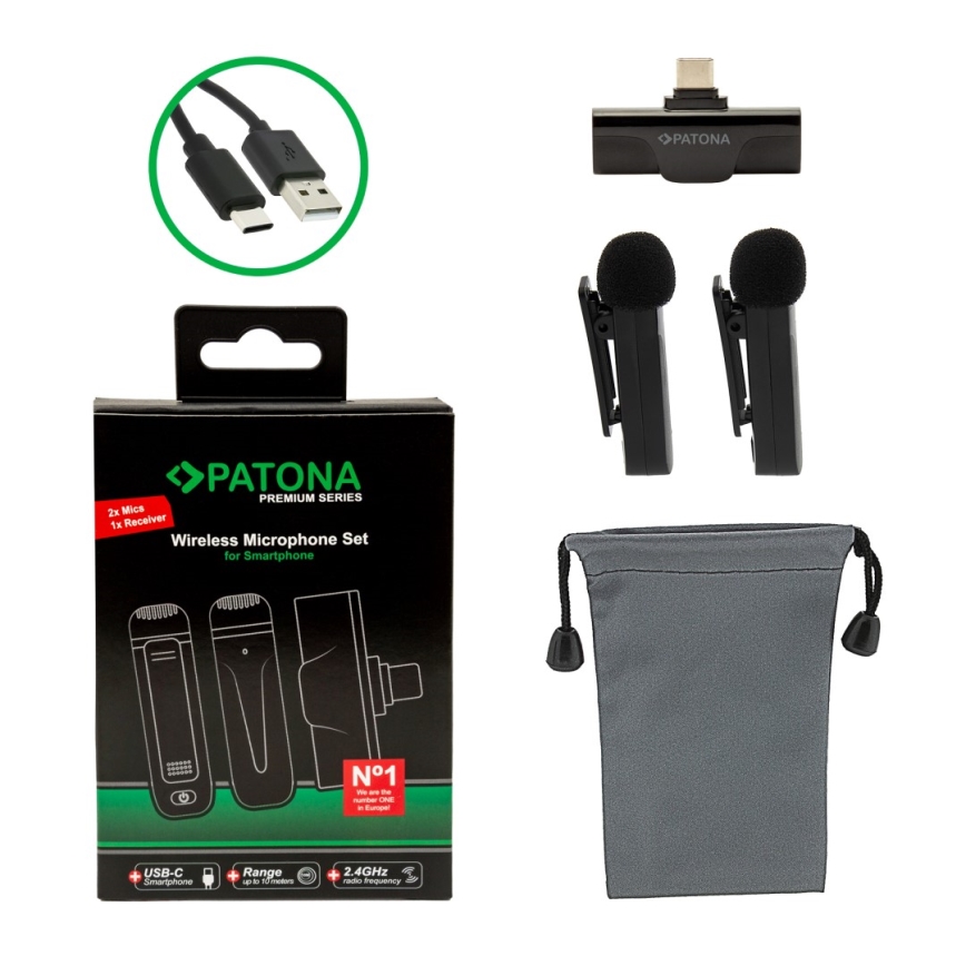 PATONA - SET 2x bežični mikrofon s kopčom za pametni telefon USB-C 5V 50 mAh