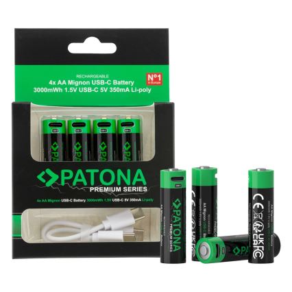 PATONA - SET 4x Baterija AA/LR6 Li-Pol 2000mAh 1,5Vs s USB-C punjenjem