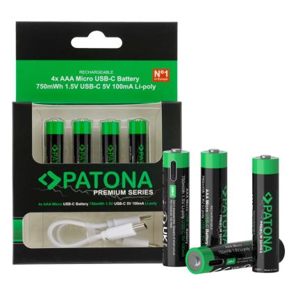 PATONA - SET 4x Baterija AAA/LR03 Li-Pol 500mAh 1,5V s USB-C punjenjem