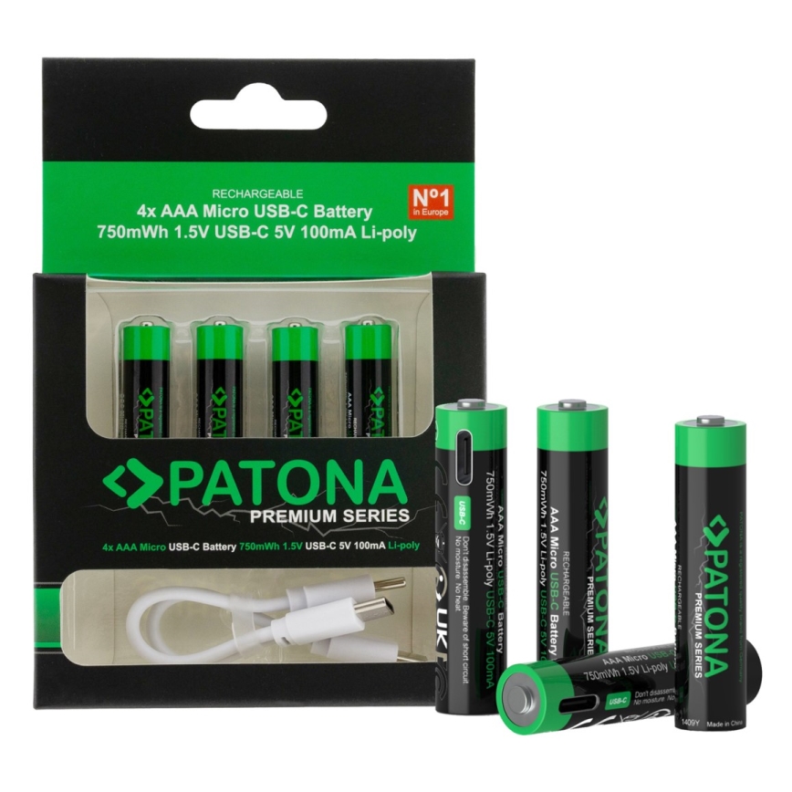 PATONA - SET 4x Baterija AAA/LR03 Li-Pol 500mAh 1,5V s USB-C punjenjem