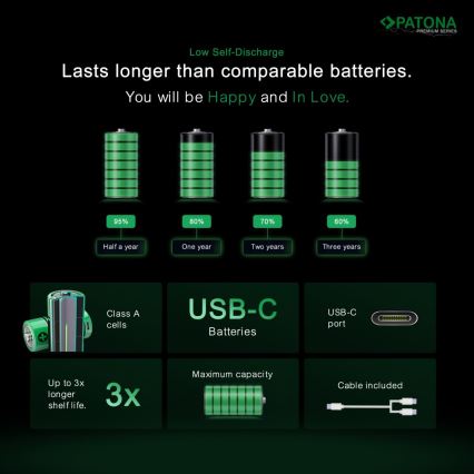 PATONA - SET 4x Baterija AAA/LR03 Li-Pol 500mAh 1,5V s USB-C punjenjem