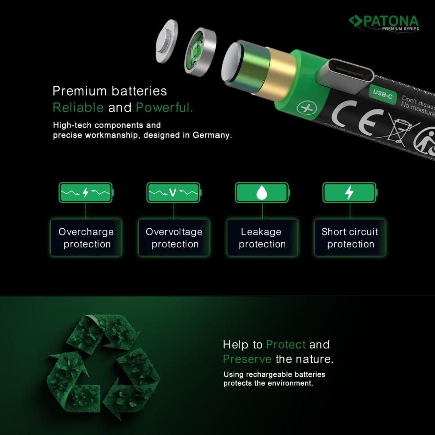 PATONA - SET 4x Baterija AAA/LR03 Li-Pol 500mAh 1,5V s USB-C punjenjem