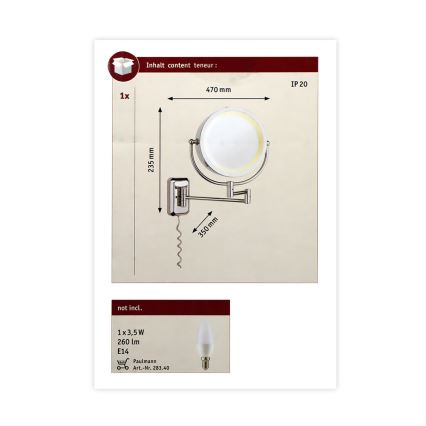 Paulmann 70349 - 1xE14/20W W IP44 Zidno kozmetičko ogledalo 230V