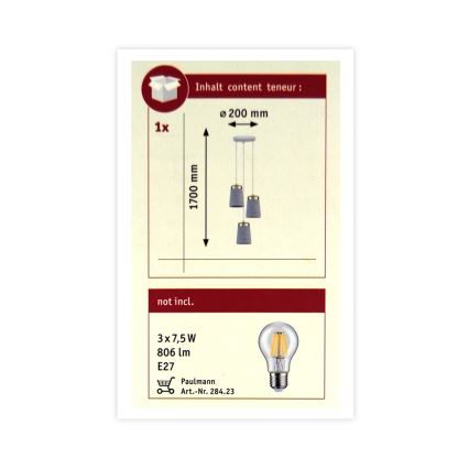 Paulmann 79627 - Luster na sajli NORELL 3xE27/20W/230V beton