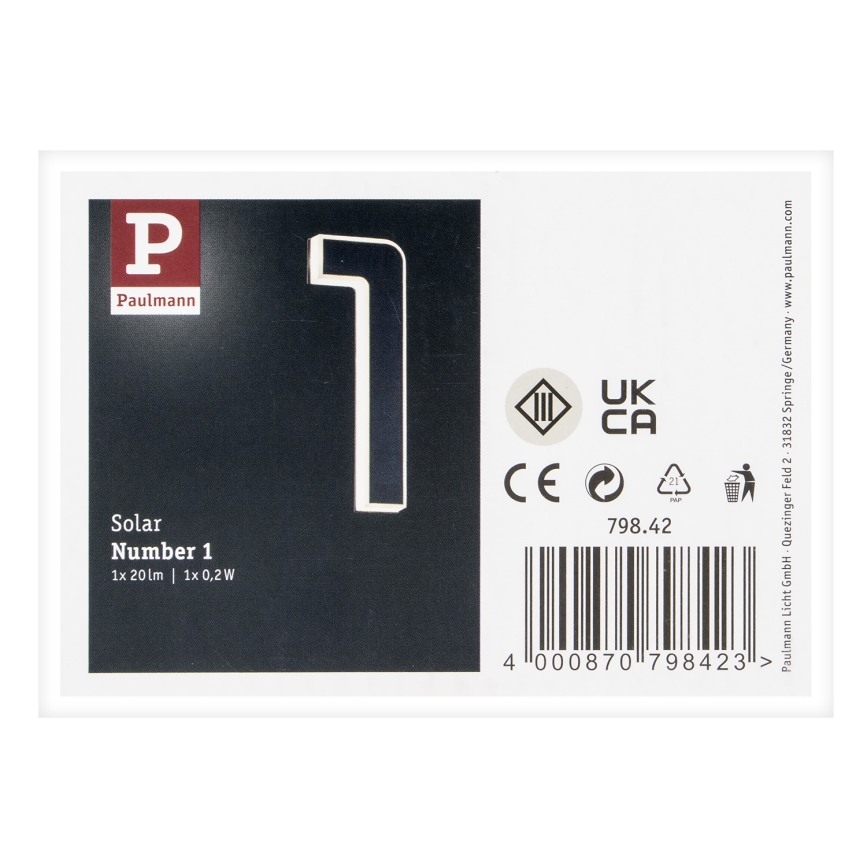 Paulmann 79842 - LED/0,2W IP44 Solarni kućni broj 1,2V 1500 mAh