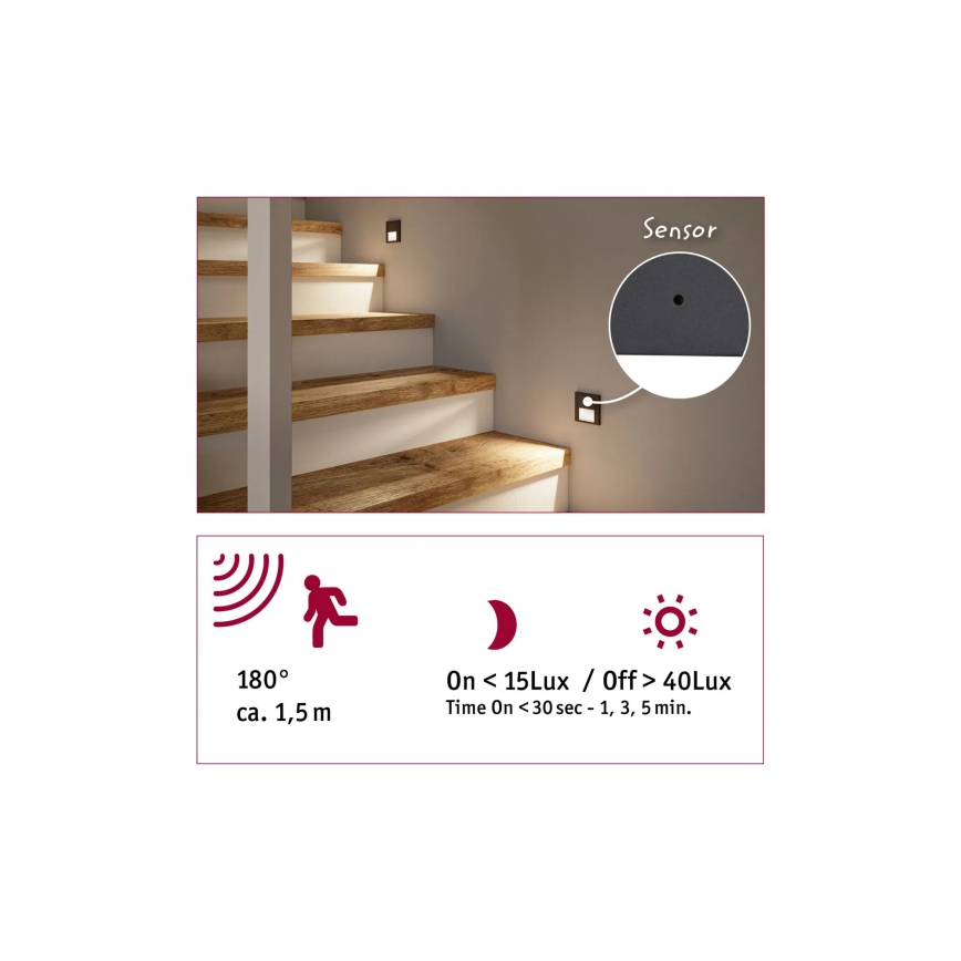 Paulmann 80004 - LED/1W Stubišna svjetiljka sa senzorom TSARO 230V Lead/crna