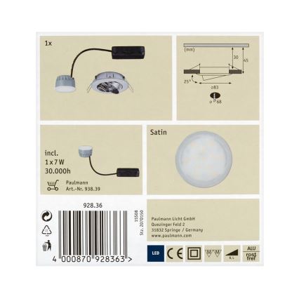 Paulmann 92836 - LED/7W Prigušiva ugradbena svjetiljka za kupaonicu COIN 230V