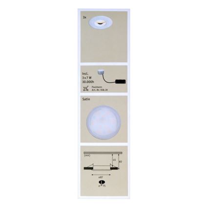 Paulmann 92847 - SET 3x LED Ugradna svjetiljka za kupaonicu COIN 3xLED/7W/230V
