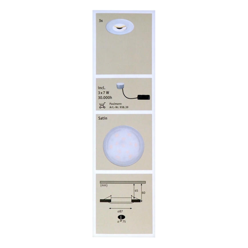 Paulmann 92847 - SET 3x LED Ugradna svjetiljka za kupaonicu COIN 3xLED/7W/230V