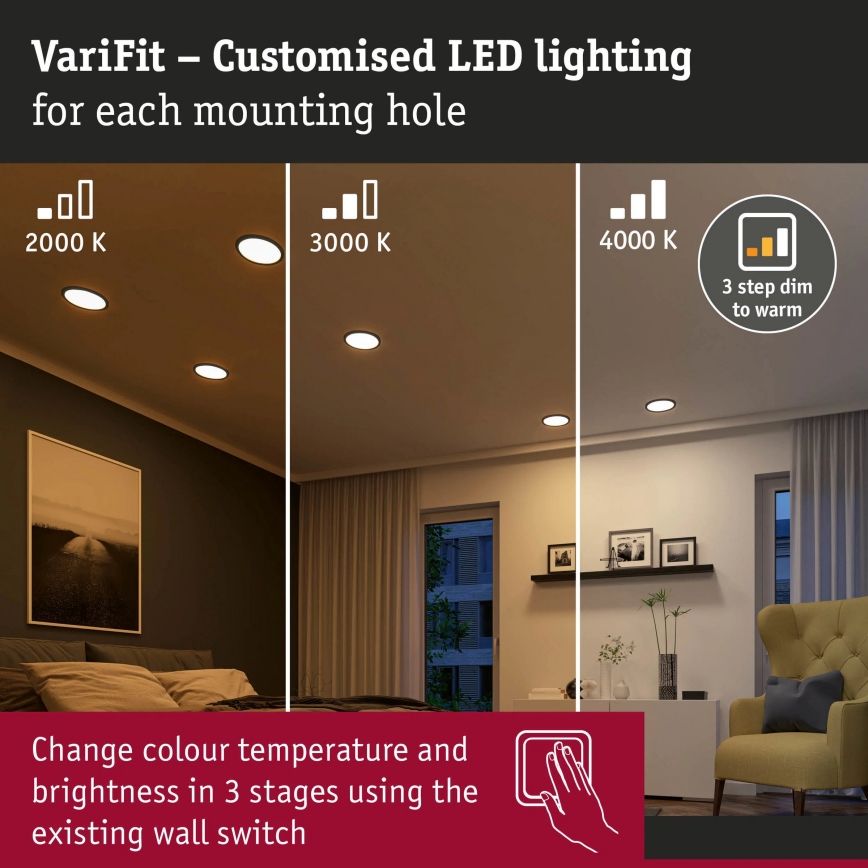 Paulmann 93102 - LED/16W IP44 prigušivo kupaonsko ugradno stropno svjetlo AREO 230V 2000/3000/4000K pr. 23 cm crno