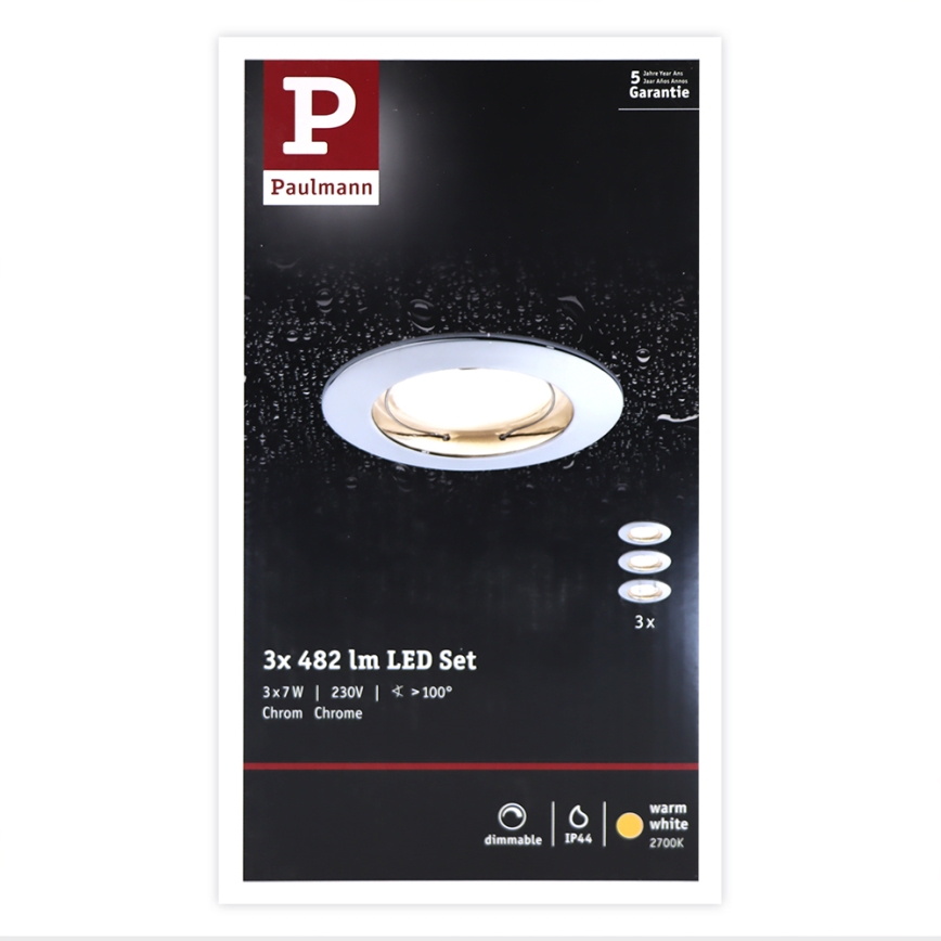 Paulmann 93960 - SET 3xLED/7W IP44 Prigušiva ugradbena svjetiljka za kupaonicu COIN 230V