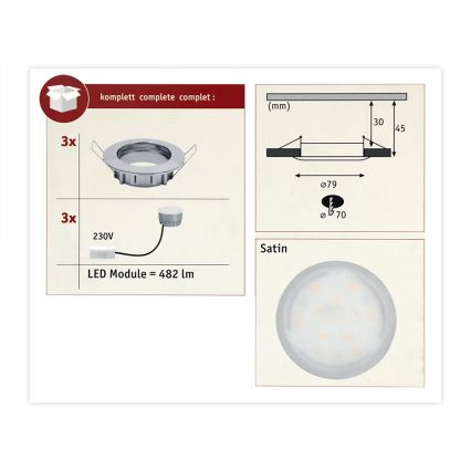 Paulmann 93960 - SET 3xLED/7W IP44 Prigušiva ugradbena svjetiljka za kupaonicu COIN 230V