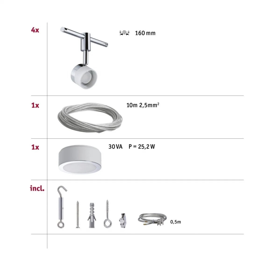 Paulmann 94080 - SET 4xLED/4,8W Ugradbena svjetiljka za kabelski sustav STAGE 230V sjajni krom