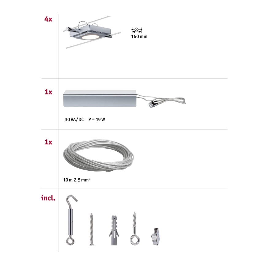 Paulmann 94107 - SET 4xLED/4,3W spot svjetiljka za kabelski sustav MAC 230V matirani krom