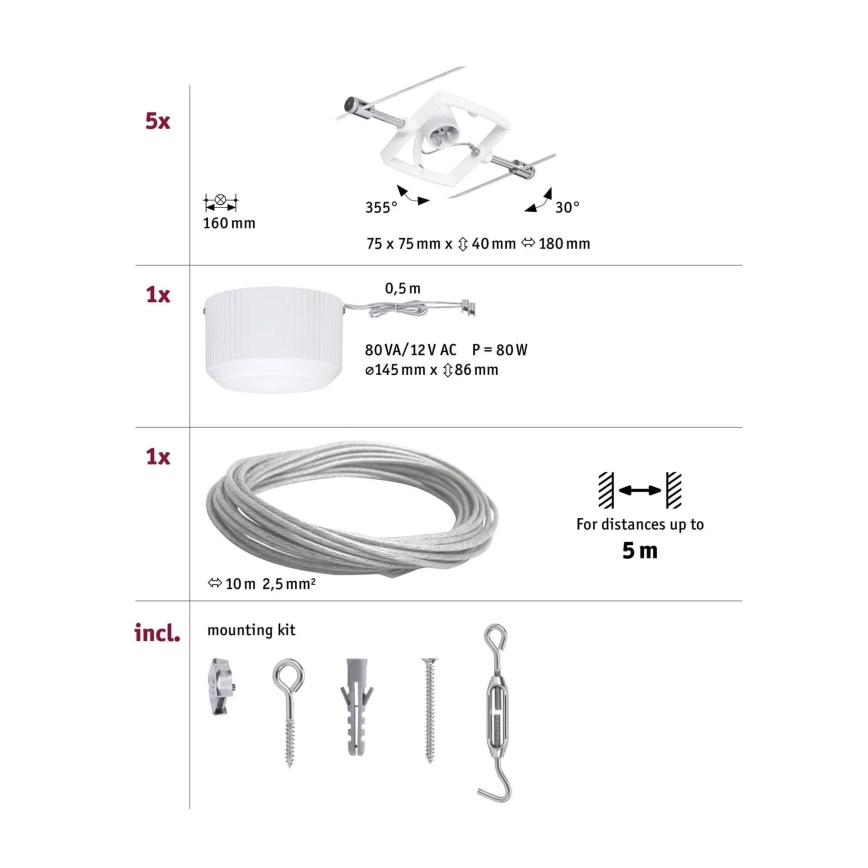 Paulmann 94134 - SET 5xGU5,3/10W Kompletan kabelski sustav MAC 230V bijela