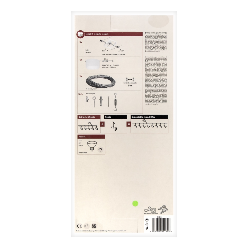 Paulmann 94134 - SET 5xGU5,3/10W Kompletan kabelski sustav MAC 230V bijela