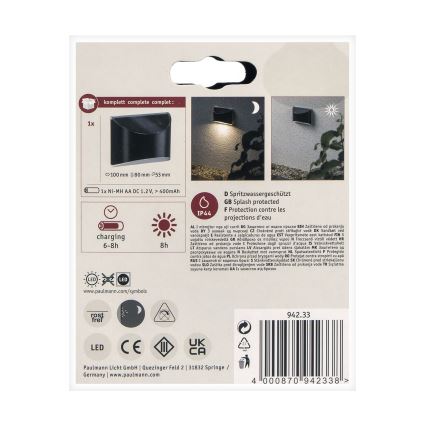 Paulmann 94233 - LED/0,05W IP44 Solarna zidna svjetiljka ELLIOT 1,2V 400 mAh