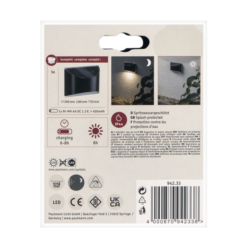 Paulmann 94233 - LED/0,05W IP44 Solarna zidna svjetiljka ELLIOT 1,2V 400 mAh