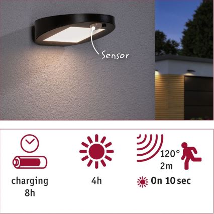 Paulmann 94246 - LED/1,2W IP44 Vanjska solarna svjetiljka sa senzorom RYSE 3,7V 1800 mAh
