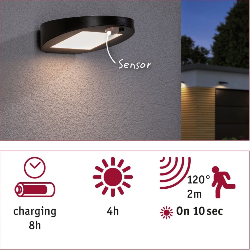 Paulmann 94246 - LED/1,2W IP44 Vanjska solarna svjetiljka sa senzorom RYSE 3,7V 1800 mAh