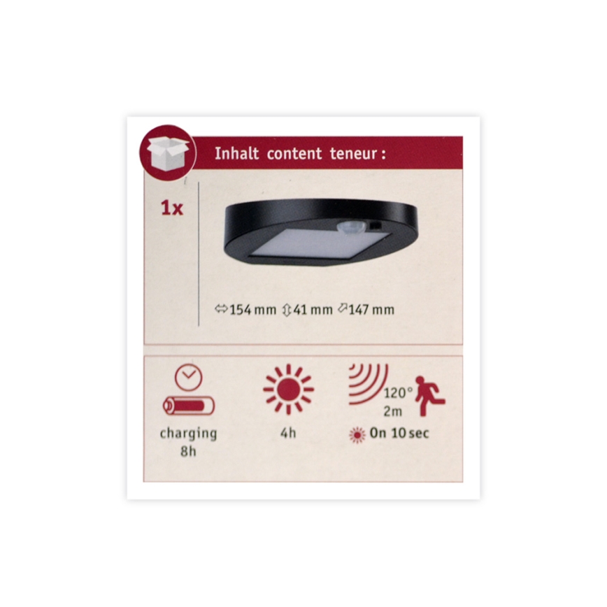 Paulmann 94246 - LED/1,2W IP44 Vanjska solarna svjetiljka sa senzorom RYSE 3,7V 1800 mAh