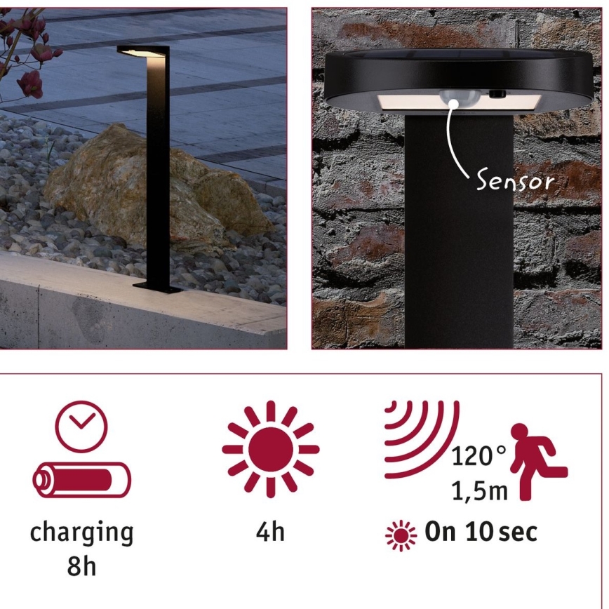 Paulmann 94249 - LED/1,2W IP44 Vanjska solarna lampa sa senzorom RYSE 3,7V 1800 mAh