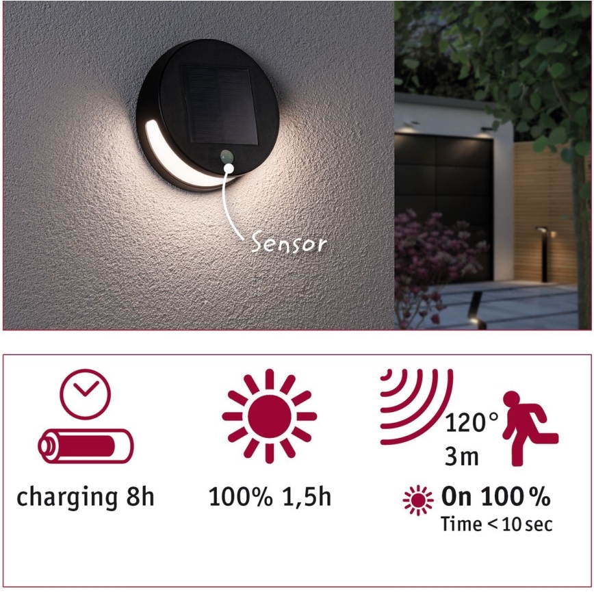 Paulmann 94265 - LED/3W IP44 Vanjska solarna svjetiljka sa senzorom HELENA 3,7V 1800 mAh