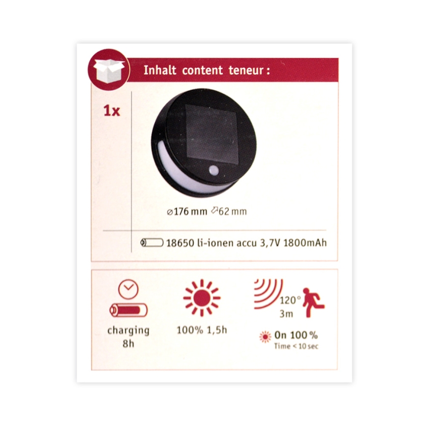 Paulmann 94265 - LED/3W IP44 Vanjska solarna svjetiljka sa senzorom HELENA 3,7V 1800 mAh
