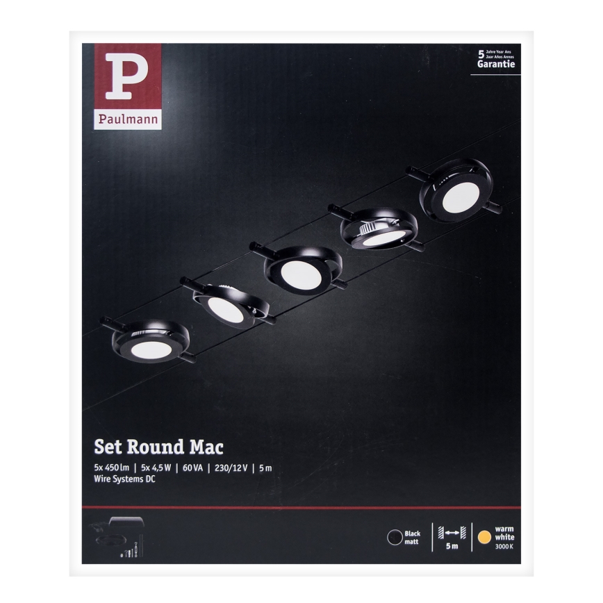 Paulmann 94418 - KOMPLET 5xLED/4,5W Kompletan sustav sa sajlom ROUNDMAC 230V crna