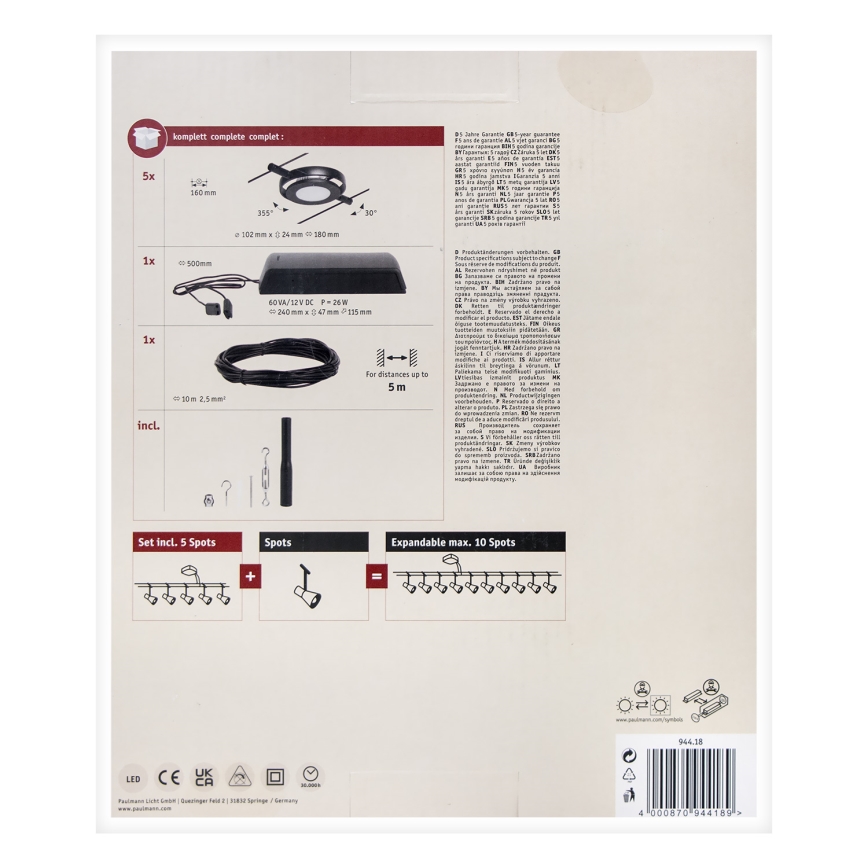 Paulmann 94418 - KOMPLET 5xLED/4,5W Kompletan sustav sa sajlom ROUNDMAC 230V crna