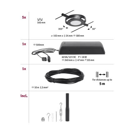 Paulmann 94418 - SET 5xLED/4,5W Reflektorska svjetiljka za sustav sajli ROUNDMAC 230V crna