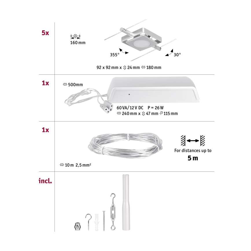 Paulmann 94420 - SET 5xLED/4,5W Kompletan kabelski sustav MAC 230V matni krom