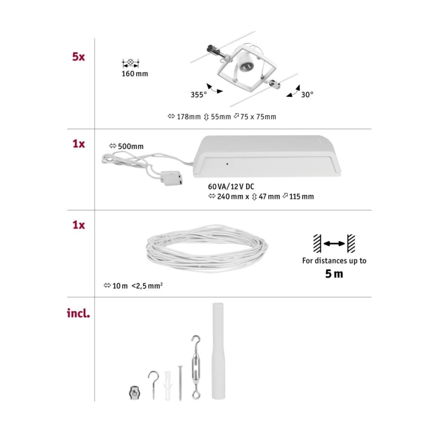 Paulmann 94432 - SET 5xGU5,3/10W Reflektor za kabelski sustav MAC 230V bijela
